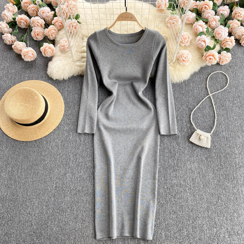 Autumn Winter Sweater Dress Elegant Knitted Bodycon Dress Women Round Neck Long Sleeve Casual Knee Length Midi Dress