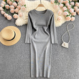 Autumn Winter Sweater Dress Elegant Knitted Bodycon Dress Women Round Neck Long Sleeve Casual Knee Length Midi Dress