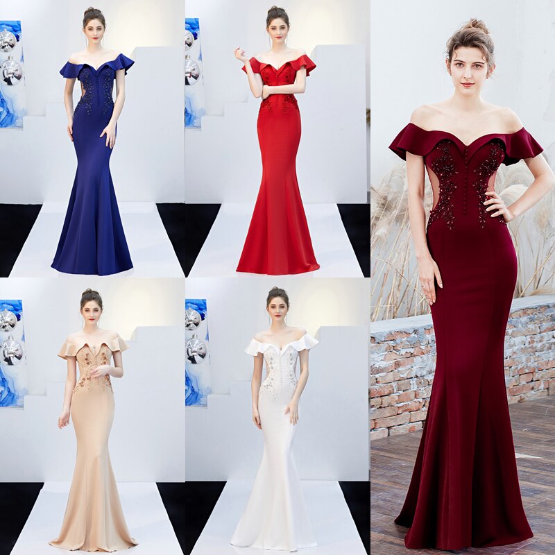 Off Shoulder Elegant Evening Party Dress See-through Appliques Beaded Long Evening Dress