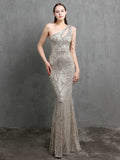 Women Beads Party Maxi Dress Elegant One Shoulder Gold Long Sequin Evening Dress