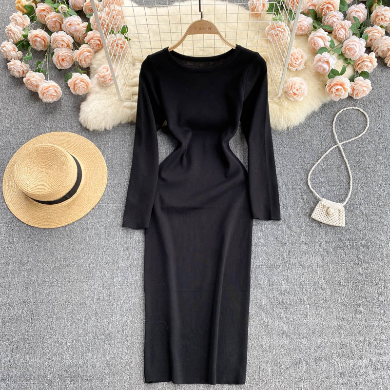 Autumn Winter Sweater Dress Elegant Knitted Bodycon Dress Women Round Neck Long Sleeve Casual Knee Length Midi Dress