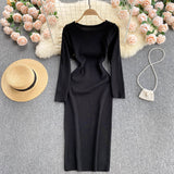 Autumn Winter Sweater Dress Elegant Knitted Bodycon Dress Women Round Neck Long Sleeve Casual Knee Length Midi Dress