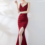 Elegant Mermaid Sexy High Slit Evening Dress Reflective Long V neck Beadings Formal Classy Sleeveless Prom