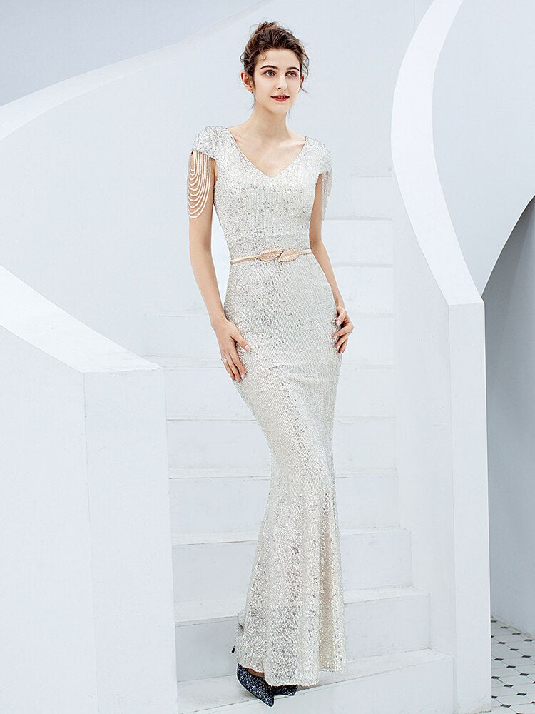 V-neck Sequins Evening Dress Women Elegant Beaded Long Evenning Party Dress Mermaid Formal Dresses