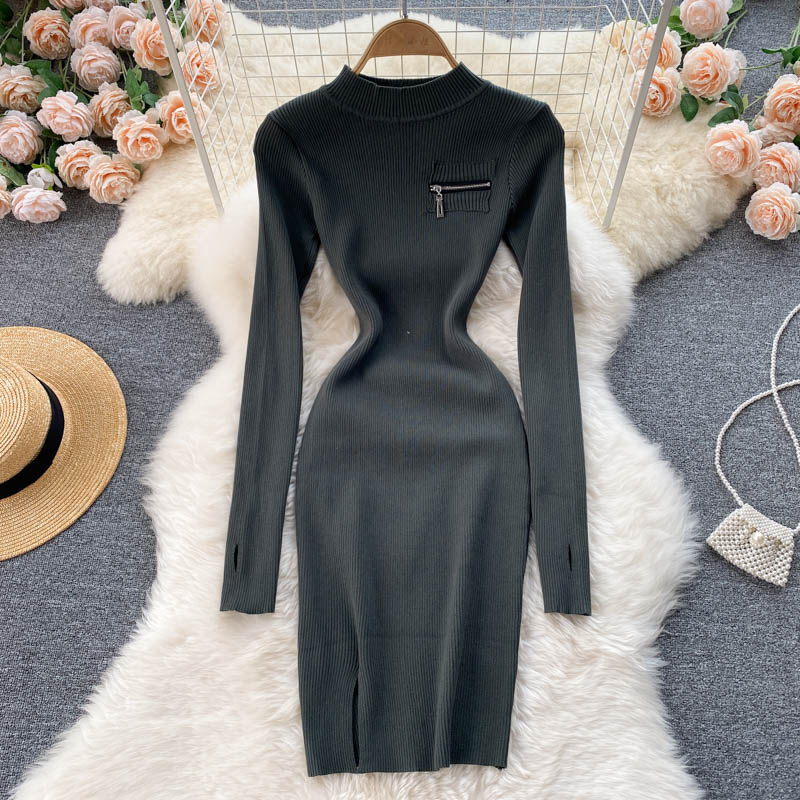 Autumn Winter Elegant Sexy Ribbed Knitted Bodycon Dress Warm High Neck –  jetechband