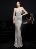 Women Gold Sequin Party Dress Strap Maxi Dress Sexy V Neck Beading Evening Dress