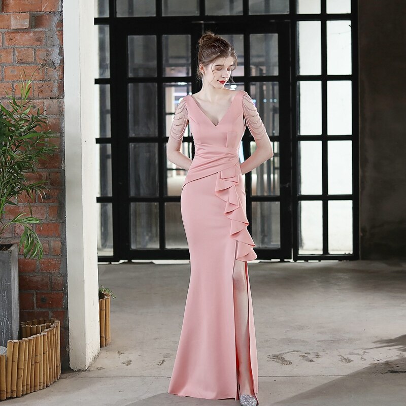 Soft Satin V Neck Beading Evening Dress Candy Color Women Sexy Slit Party Maxi Dress
