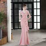 Soft Satin V Neck Beading Evening Dress Candy Color Women Sexy Slit Party Maxi Dress