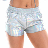 Women Skinny PU Leather Silver Leopard Shorts Summer Shiny Elastic Waist Metallic Booty Club Rave Festival HotPants Bottoms