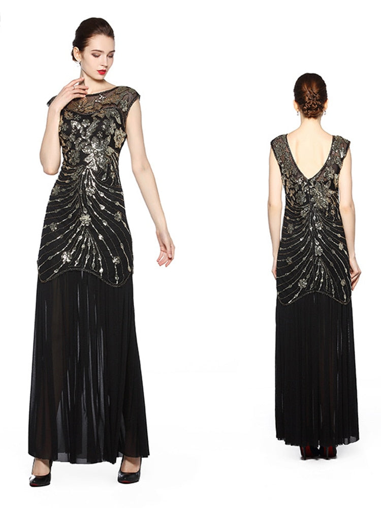 New 1920S Sequined Evening Dress Hand beads Floor length Party Dress Cap Sleeve Tulle Mermaid Formal Dress Black Gold Pink Gown