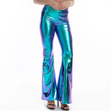 Sexy PU Leather Metallic Shiny Holographic Flare Pants Girls Bodycon Elastic Waist Bell Bottom Trousers Clubwear