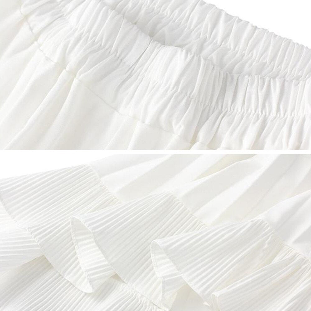 Autumn Summer Long Vintage Women Ruffles Spring Solid Casual Loose Elastic Waist Skirts