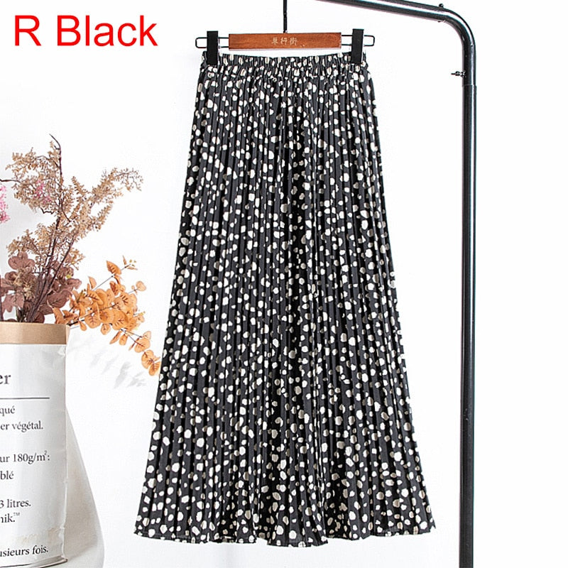 Women Chiffon Pleated Skirt Elastic High Waist Summer Print Casual Midi Long Skirt