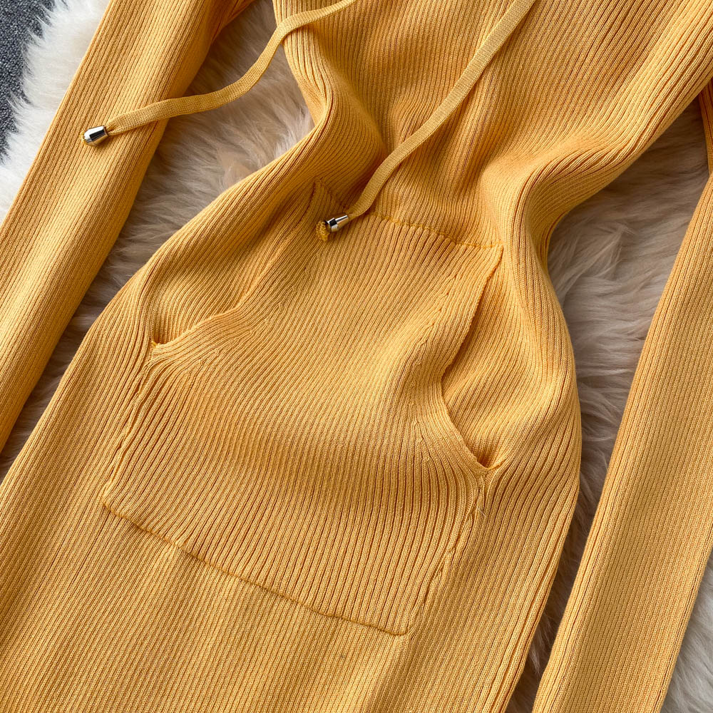 Autumn Winter Women Dresses Long Sleeve Hooded Casual Sweater Dress Button Front Pocket Ribbed Knitted Midi Dress