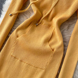 Autumn Winter Women Dresses Long Sleeve Hooded Casual Sweater Dress Button Front Pocket Ribbed Knitted Midi Dress