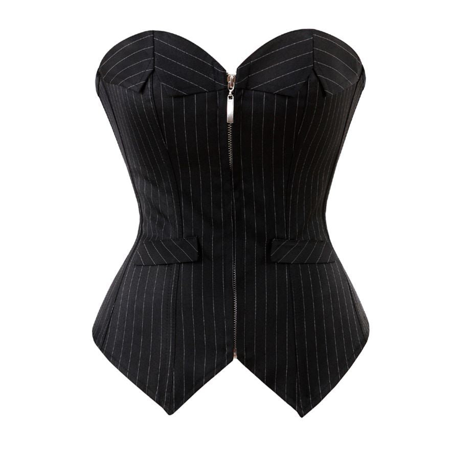 Women Sexy Striped Zipper Office Professional Overbust Corset Lace Up Boned Corsets Bustiers Lingerie Top Black Plus Size