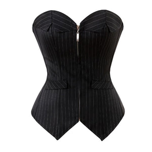 Women Sexy Striped Zipper Office Professional Overbust Corset Lace Up Boned Corsets Bustiers Lingerie Top Black Plus Size