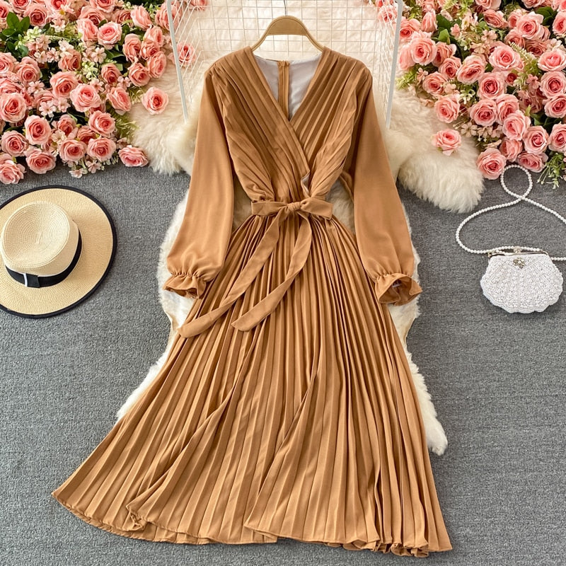 Party Elegant Vintage Midi Dress With Belt Autumn V Neck Long Sleeve C –  jetechband