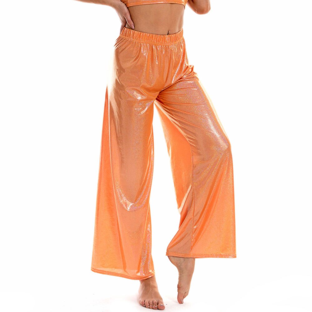 Summer Shiny Women Wide Leg Pants Elastic Waist Loose Casual Metallic Trousers Femme Long Straight Pants Streetwear