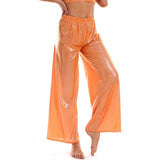 Summer Shiny Women Wide Leg Pants Elastic Waist Loose Casual Metallic Trousers Femme Long Straight Pants Streetwear