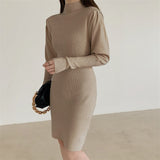Autumn Winter Fashion Sexy Half High Neck Women's Mini Knit Dress Casual Bodycon Solid Long Sleeve Ladies Dress