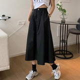 Women High Waist Casual Skirts Korean Style Streetwear Solid Color Loose Ladies A-line Long Skirt