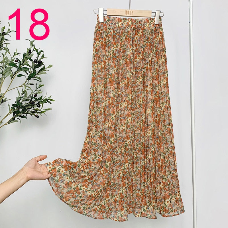 Summer New Vintage Floral Print Chiffon Pleated Skirt Elastic High Waist Casual Midi Skirt
