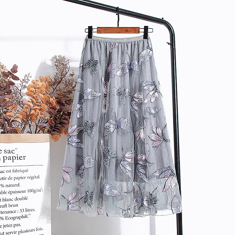 Dragonfly Sequin Embroidered Mesh Midi Skirt Elastic High Waist A-Line Women Summer Skirt