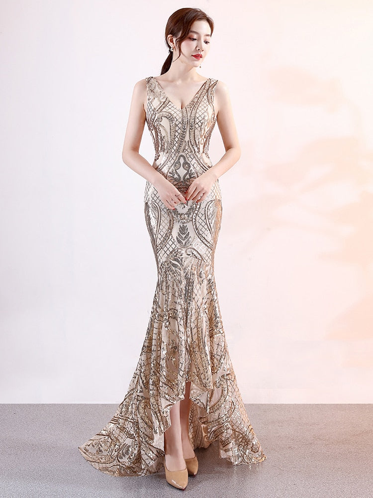 Asymmetrical Floor-Length Tulle Sequins V-Neck Sleeveless Party Dresses Embroider Vestidoes Formal Robe