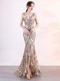 Asymmetrical Floor-Length Tulle Sequins V-Neck Sleeveless Party Dresses Embroider Vestidoes Formal Robe