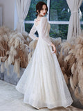 A-line Prom Long-sleeve Women Party Dresses Sequins Elegant Formal Robe Square Neck Evening Dress