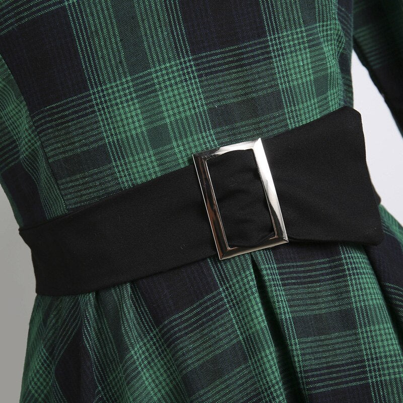 Green Plaid Elegant 1950s Style Vintage Robe V Neck High Waist Dress 3/4 Length Sleeve Women Retro Clothes Midi Dresses