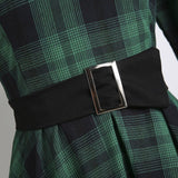 Green Plaid Elegant 1950s Style Vintage Robe V Neck High Waist Dress 3/4 Length Sleeve Women Retro Clothes Midi Dresses