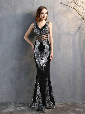 Women See-through Beads Long Party Dreess New Sequins Evening Dress