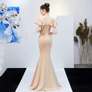 Off Shoulder Elegant Evening Party Dress See-through Appliques Beaded Long Evening Dress