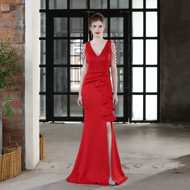 Soft Satin V Neck Beading Evening Dress Candy Color Women Sexy Slit Party Maxi Dress