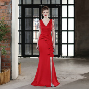 Soft Satin V Neck Beading Evening Dress Candy Color Women Sexy Slit Party Maxi Dress