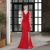Soft Satin V Neck Beading Evening Dress Candy Color Women Sexy Slit Party Maxi Dress