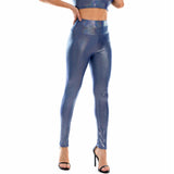 Shiny Metallic Holographic Sexy High Waist Elastic PU Leather Skinny Pants Ankle Long Gothic Leggings
