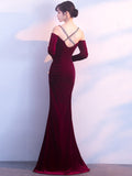 Vintage Velvet Evening Dresses Long-sleeve Off-shoulder Gowns Sexy Backless High Split Robe De Soriee Diamond Formal Dress