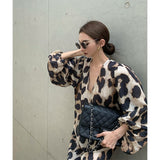 Autumn Women Lantern Sleeve V-neck Dress Sexy Leopard Print Mid-length Elegant Lady Party Dress New Clothes