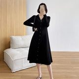 Autumn Winter Women's Long-Sleeved Sweater Outwear Cardigan Suit Collar Singles Breasted Knitted A-line Dress