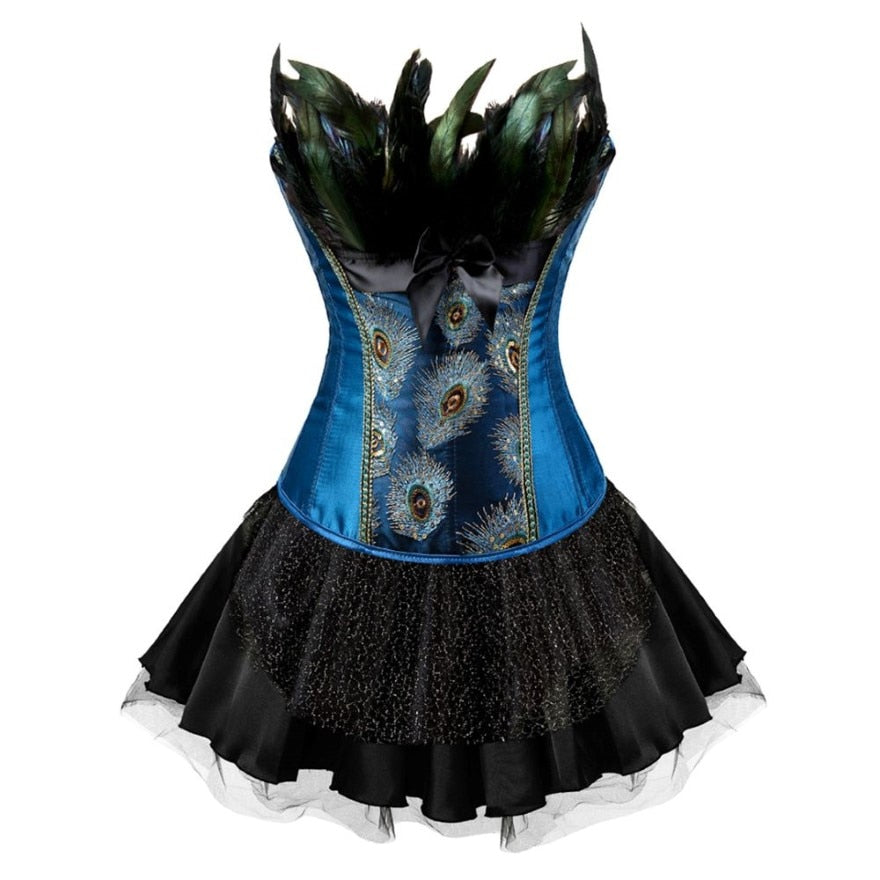 Women Sexy Peacock Feathers Embroidery Overbust Corset Bustier Lingerie Top With Mesh Mini Skirt Set Burlesque Corset Dress
