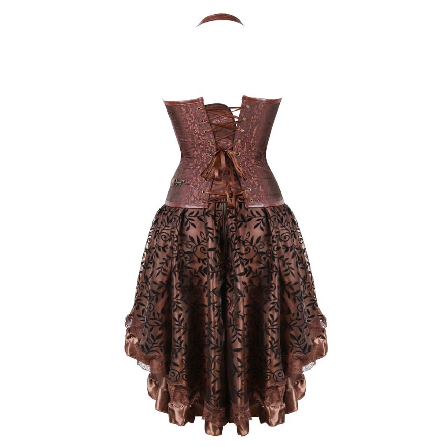 Women Gothic Steampunk Corset Dress Pirate Costume PU Leather Corset Bustier Lingerie Top With Asymmetric Floral Lace Skirt Set