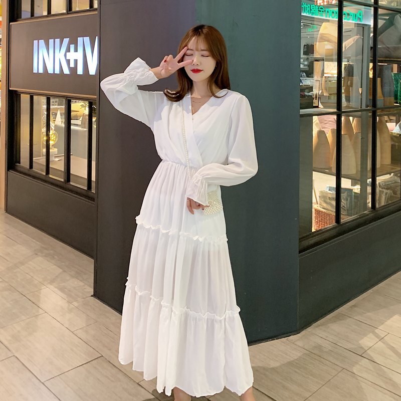Spring Women Elegant Korean Print Long Chiffon Dress Robe V Neck Lace –  jetechband