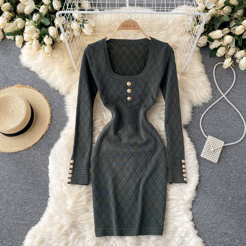 Autumn Winter Elegant Vintage Sexy Knitted Bodycon Dress Square Neck Long Sleeve Button Mini Dress