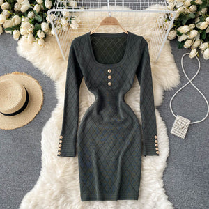 Autumn Winter Elegant Vintage Sexy Knitted Bodycon Dress Square Neck Long Sleeve Button Mini Dress