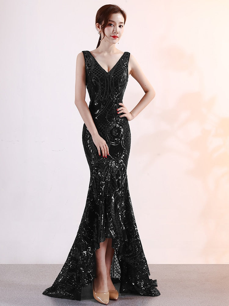 Asymmetrical Floor-Length Tulle Sequins V-Neck Sleeveless Party Dresses Embroider Vestidoes Formal Robe