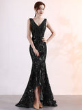 Asymmetrical Floor-Length Tulle Sequins V-Neck Sleeveless Party Dresses Embroider Vestidoes Formal Robe