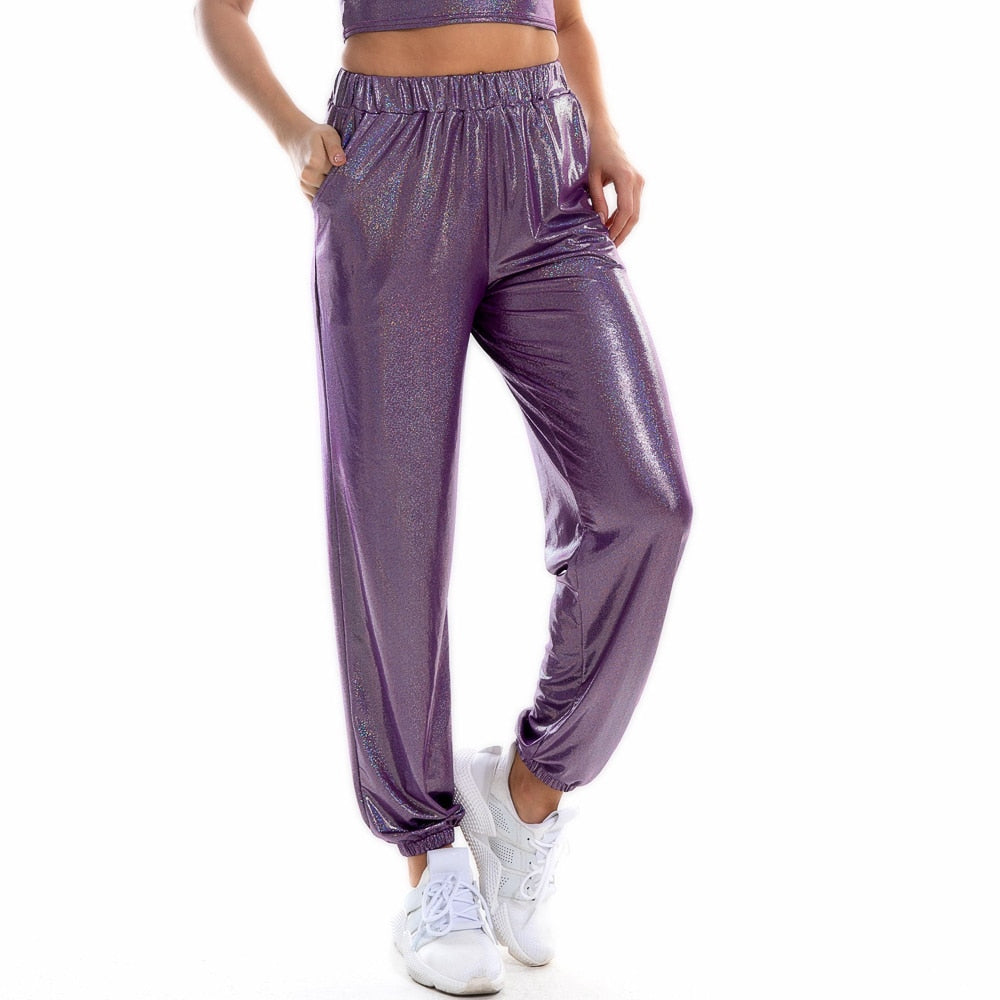 Reflective Women High Waist Metallic Jogger Trousers Shiny Holographic Loose Hip Hop Dance Pants
